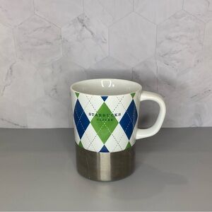 2006 STARBUCKS Blue/Green Argyle Diamond Ceramic+Stainless Steel Base Mug, 14oz
